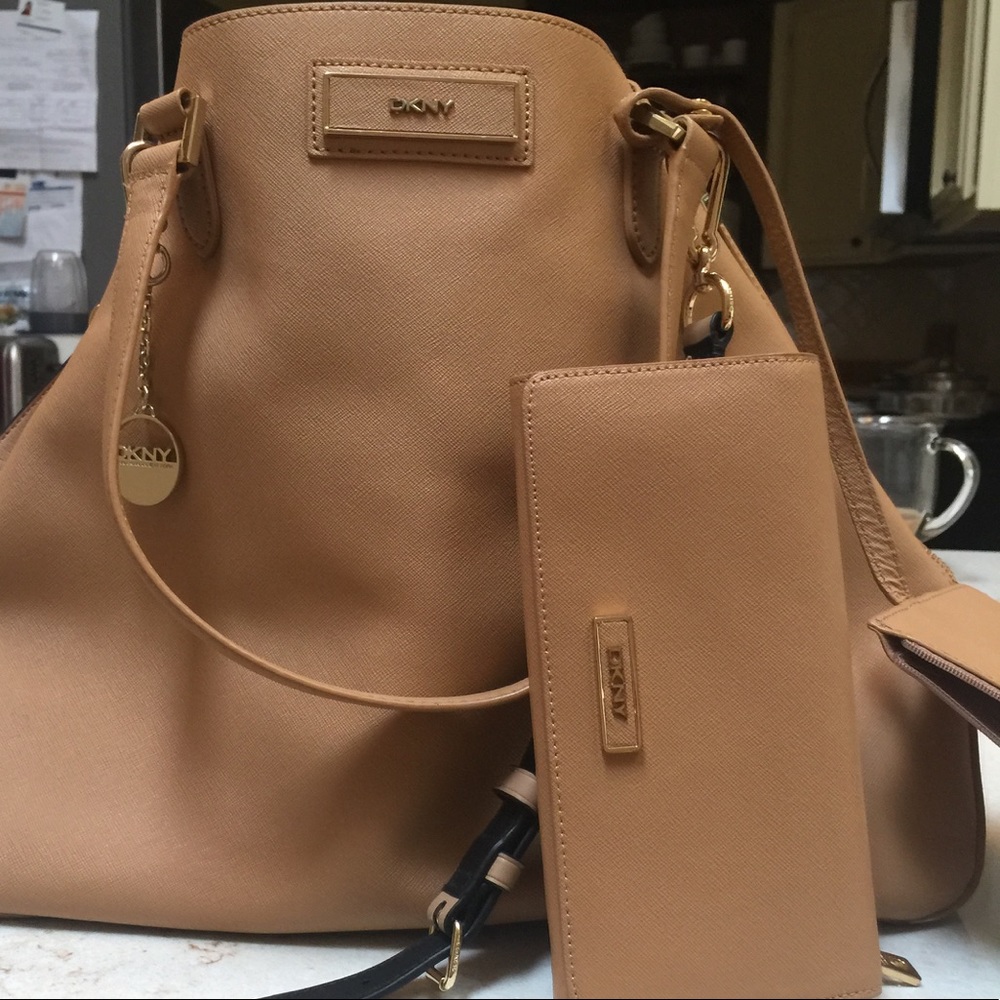 Camel Tote/Satchel with matching wallet by DKNY